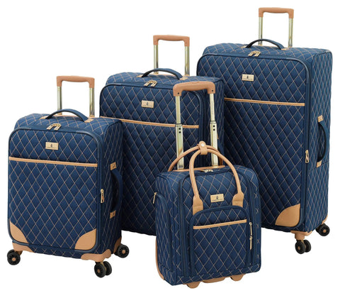 Queensbury 4 Piece Luggage Set Navy Expandable Spinner Suitcases With Lightweight Aluminum Handles 20 Inch Carry On 24 Inch 28 Inch And 15 Inch Underseat Bag Durable Quilted Polyester Travel Gear displayed