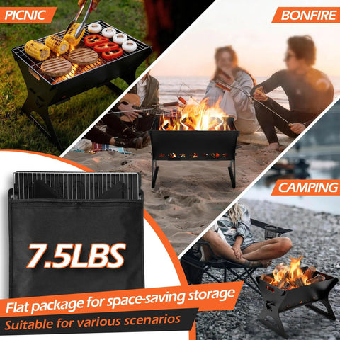 Portable Campfire Grill With Grate And Carry Bag Heavy Duty Outdoor Fire Pit shown at picnic, bonfire, and camping