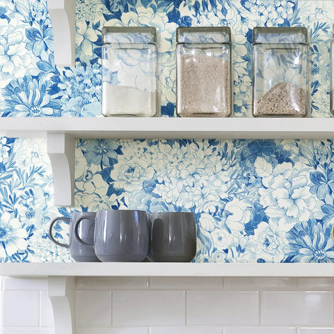 Indigo Empress Garden Peel And Stick Wallpaper Blue Floral Look For Walls Easy Application And Repositionable No Residue Removable