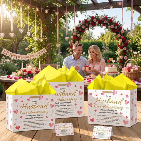 Anniversary Gift Bag For Hubby With Greeting Card And 3 Tissue Paper Romantic Heart Theme Wrap Bag For Men Large Keepsake Packaging Set For Weddings And Special Occasions, displayed on a table with yellow tissue paper.