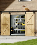Exterior Barn Door Hardware Kit With Door 96 By 84 Inches K Frame 16 Foot Heavy Duty Black Sliding Track System Waterproof And Rustproof Easy Install For Warehouse And Garage Pine Door installed view