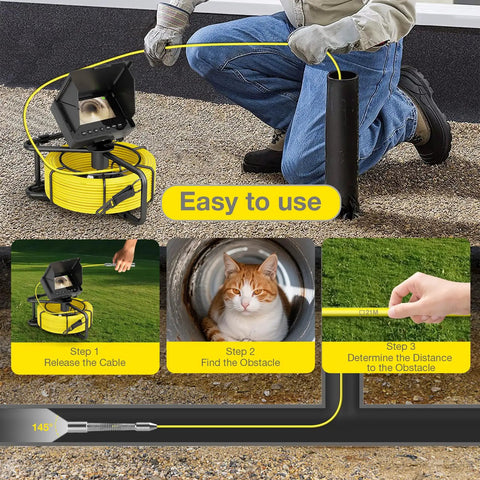 Pro-Grade Sewer Camera Kit With 100 Ft Cable And 4.3 Inch HD Screen 23mm Endoscope With 12 LED Lights 8500mAh Battery Portable Drain Inspection Tool For Plumbers And Homeowners, shown inspecting a pipe