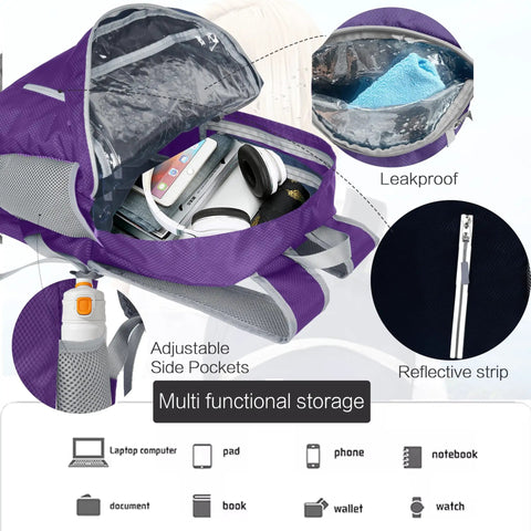 Foldable Daypack 35L Lightweight Outdoor Backpack for Beach Trips and Travel showing compartments and features