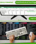 Giant XL Excel Desk Pad With Shortcut Keys Cheat Sheet Workhorse For Office Grippy Surface Waterproof Mouse Pad Boss Level Spreadsheets And Productivity Boost 35 Point 5 By 15 Point 7 Inches with keyboard and mouse in use