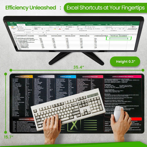 Giant XL Excel Desk Pad With Shortcut Keys Cheat Sheet Workhorse For Office Grippy Surface Waterproof Mouse Pad Boss Level Spreadsheets And Productivity Boost 35 Point 5 By 15 Point 7 Inches with keyboard and mouse in use