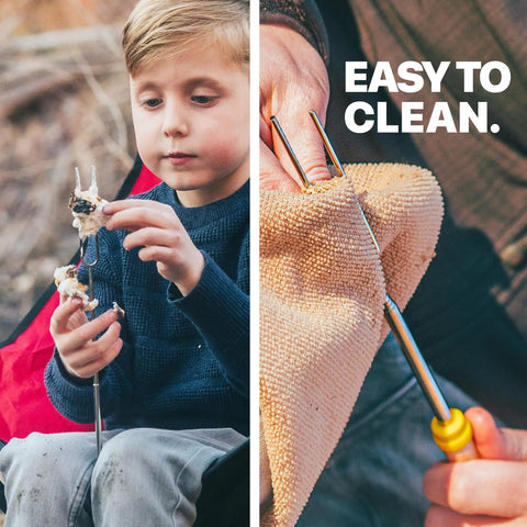 Child holding marshmallows on 32 Inch Smores Skewers 5 Pack For Campfire Marshmallow Roasting Stainless Steel Roasting Forks