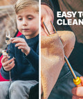 Child using Smores Sticks For Fire Pit And Campfire Kit With Long 32 Inch Stainless Steel Roasting Forks For Marshmallows.
