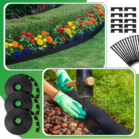 246 Ft No Dig Garden Edging Kit With 4 Inch Tall Landscape Border Rolls showing installation with anchor spikes.