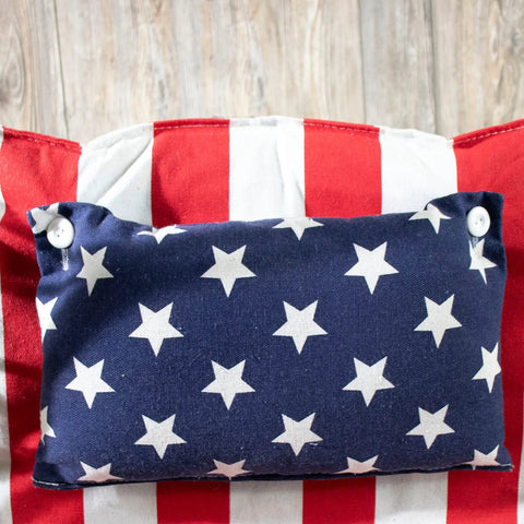 Cozy Hammock Chair With Armrest Support Indoor Outdoor Rope Swing 12 Pattern Options Breathable Fabric Red White And Blue Colorway Ideal For Reading Lounging And Relaxing showing star and stripe cushion detail