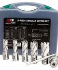 6-piece annular cutter set with Weldon shank 3/4 in; diameters 1/2–1-1/16 in; cutting depth 1 in; includes pilot pin and hex wrench