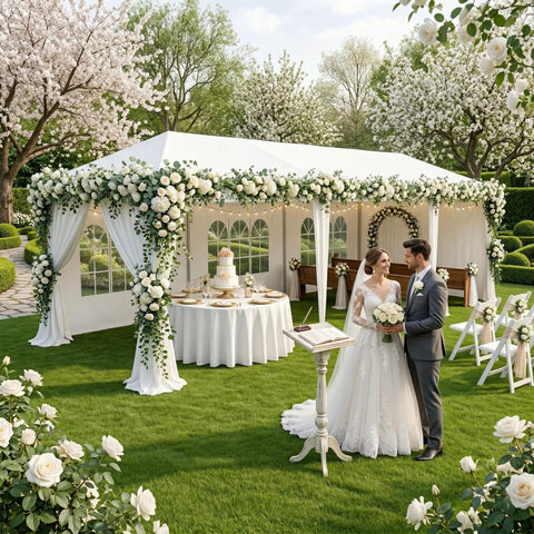 Heavy Duty Outdoor Party Tent 10x30 Gazebo With Removable Sidewalls Waterproof Shade Shelter for Weddings, in a garden setting.