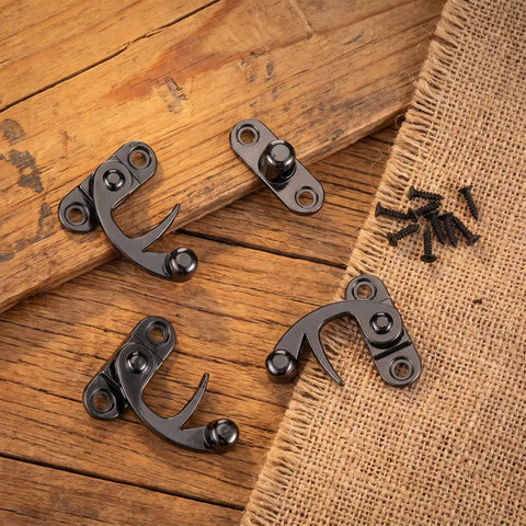 Vintage Black Zinc Alloy Hasp And Staple Latch Set 4 Pcs Antique Retro Swing Arm Padlock Hook For Cabinet Jewelry Box Wood Door Securing Shiny Matte Finish Home Decor Upgrade, 4-piece set with screws