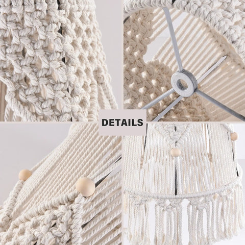 Close-up details of woven Macrame Lampshade For Table Lamps With Harp And Adapter, Spider Fitter Light Shade In Boho Style.