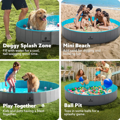 Foldable Dog Pool Portable Hard Plastic Kiddie Bath Tub For Pets And Kids Anti Slip Collapsible Indoor Outdoor Backyard Use Gray 71 Inch By 12 Inch Great For Muddy Paws, Splashy Play, Easy Setup, Drain Plug, Pet Friendly, Family Ready used in various setups including a dog splash zone, mini beach, play area, and ball pit.