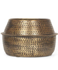 Handcrafted bowl style Caine Aluminum Planters in Aged Brass for indoor plants with vintage vibe, ideal for modern home decor.