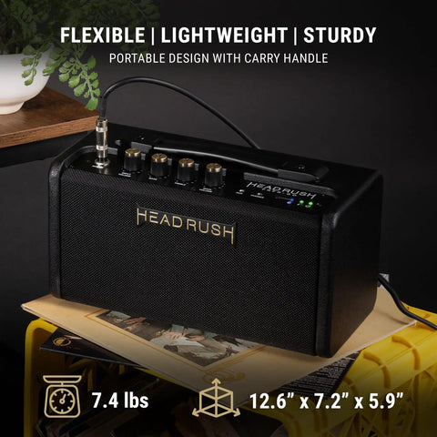 FRFR-GO Portable 30W Guitar Amp with dual 3 inch speakers, lightweight design, on a table with carry handle and controls visible.