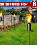 Outdoor Metal Torch Set Six Pack, 16oz Citronella Torches With Five Prong Grounded Stakes, Adjustable Height For Patio Garden