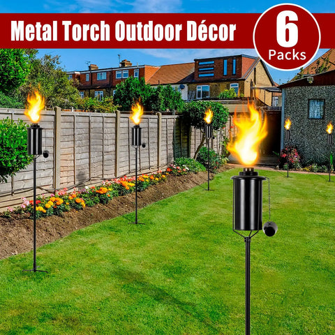 Outdoor Metal Torch Set Six Pack, 16oz Citronella Torches With Five Prong Grounded Stakes, Adjustable Height For Patio Garden