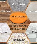 Heavy Duty Furniture Sliders and Mover Pad Set with Lifter Tool Lift Jack for Moving Heavy Appliances and Furniture Across Carpet Hardwood Floors and Tile 360 Degree Glide Pain Free One Person Moves displayed with different surface types including concrete, laminate, tile, and hardwood.