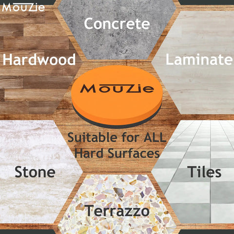 Heavy Duty Furniture Sliders and Mover Pad Set with Lifter Tool Lift Jack for Moving Heavy Appliances and Furniture Across Carpet Hardwood Floors and Tile 360 Degree Glide Pain Free One Person Moves displayed with different surface types including concrete, laminate, tile, and hardwood.