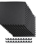 Stack of Interlocking EVA Puzzle Exercise Mats For Home Gym Half Inch Thick Cushioned Foam Floor Tiles Black 24 By 24 Inches 12 Tiles