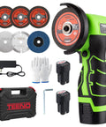 3 Inch Mini Cordless Angle Grinder Delivering Top Shelf 16.8V Power And Quick Swap Dual Batteries Comes Fully Loaded With six cutting discs and accessories.