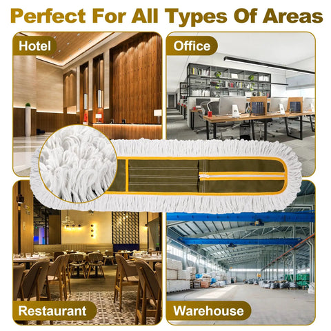 Four Pack 36 Inch Universal Dust Mop Heads With Easy Zipper Closure Heavy Duty Replacement Pads displayed in hotel, office, restaurant and warehouse settings.
