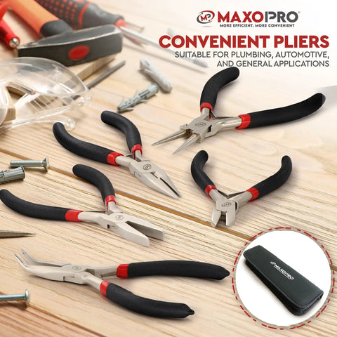 Five Piece Needle Nose Pliers Set With Anti Slip Comfort Grips For Jewelry Making Includes Round Nose Toothless Needle Nose Flat Nose Diagonal And Toothed Needle Nose Pliers In Durable Pouch Made From Nickel Plated Carbon Steel displayed on a wooden table