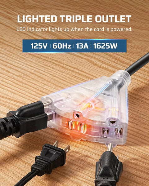 Heavy Duty 50 Foot Retractable Extension Cord Reel Rock Solid Sjtow Cables three outlets with LED indicator on a wooden surface.