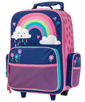 Front view of Stephen Joseph kids rolling luggage with rainbow and clouds; pink and blue, side mesh pocket