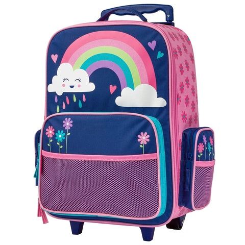 Front view of Stephen Joseph kids rolling luggage with rainbow and clouds; pink and blue, side mesh pocket