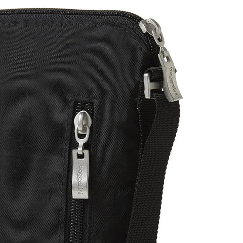 Close-up of black Pocket Crossbody Bag For Women, Lightweight Durable Nylon, Water Resistant Travel Purse With RFID Wristlet
