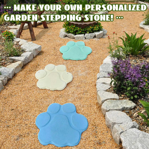 Garden path with colorful paw print stones from Two Big Paw Print Stepping Stone Molds Set 16 Inch And 13 Inch Concrete Textured Plastic Craft Molds