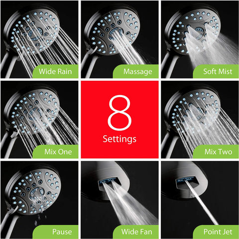 High Pressure Shower Head Combo With Handheld And Rain Heads Featuring 50 Mode 3 Way System Anti Clog Jets showcasing 8 settings