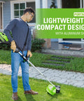 Man using Heavy Duty Cordless String Trimmer With Brushless Motor 16 Inch Weed Whacker in residential yard.