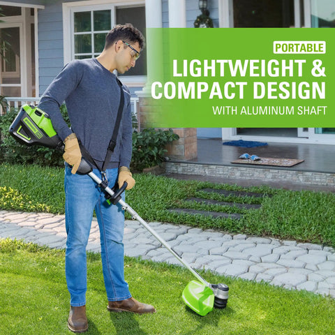 Man using Heavy Duty Cordless String Trimmer With Brushless Motor 16 Inch Weed Whacker in residential yard.