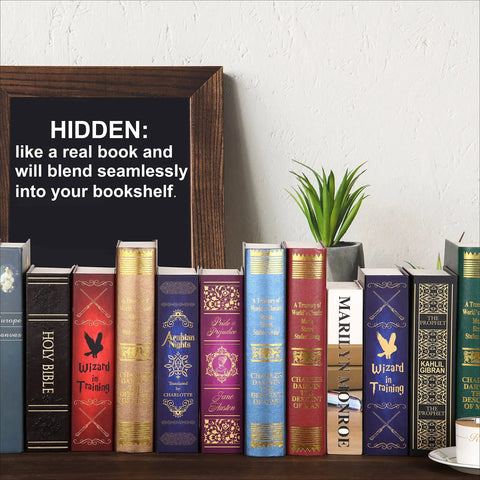 Bookshelf with various books including Discreet Bible Themed Diversion Safe With Real Pages 9.3 By 6.1 By 2.3 Inches Hidden Money Box