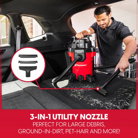 Compact 4 Gallon Wet Dry Shop Vac With 3.5 Peak Hp Motor And Kickin Suction For Garage Cleanups, shown cleaning car interior.