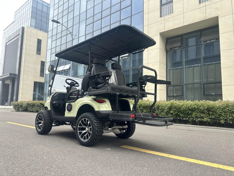 Electric Golf Cart With Fold Up Rear Seats 48V 150Ah Lithium Battery Backup Camera White, showing rear view and foldable seats.