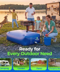Family using 1000L Portable Collapsible Water Bladder Tank for camping activities near RV and lakeside, blue heavy-duty PVC bag.