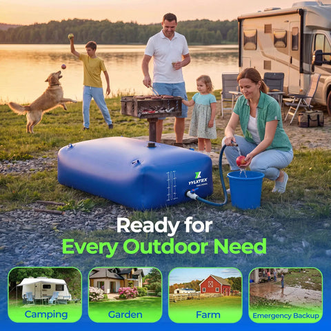 Family using 1000L Portable Collapsible Water Bladder Tank for camping activities near RV and lakeside, blue heavy-duty PVC bag.