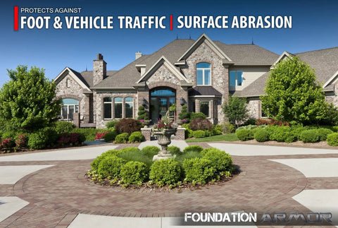 Heavy Duty Low Gloss Wet Look Concrete Sealer One Gallon enhances paver tone on a beautifully landscaped driveway.