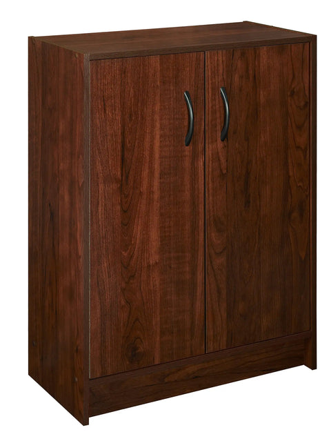 Front view of Stackable 2-Door Organizer in Dark Cherry Finish, 31.5 inch high space saving closet storage unit with adjustable shelves.
