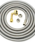 Six Foot Stainless Steel Braided Dishwasher Hose Installation Kit With Three Eighths Inch Compression Connections And Three Quarter Inch Garden Hose Female Swivel Elbow Adapter Burst Proof Water Supply Line For Most Dishwashers, showing coiled hose and brass fittings