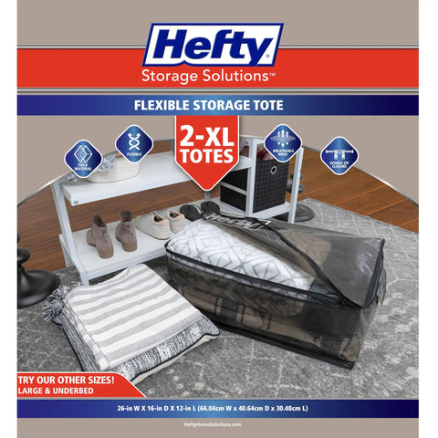 Front view of extra large heavy duty storage bags with double zippers, water resistant, shown in a living room setting on the go
