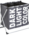 Triple Laundry Basket Hamper With Three Compartments For Light Dark And Colored Clothes, Dark Gray, Large Capacity Laundry Organizer