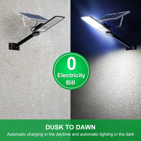 Solar Street Light Outdoor 15000 Lumen Flood Light IP67 Waterproof with remote mounted on wall, daytime and nighttime views