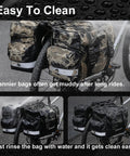 Waterproof Bike Pannier Bag 40L Large Capacity Dual Sided Rear Rack Saddle Bags, shown muddy and clean on bike, includes rain cover.