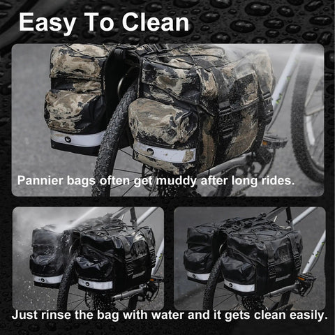 Waterproof Bike Pannier Bag 40L Large Capacity Dual Sided Rear Rack Saddle Bags, shown muddy and clean on bike, includes rain cover.