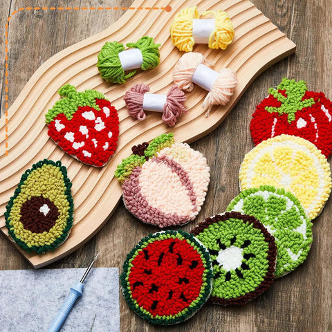 8 Piece Fruit Punch Punch Needle Coaster Kit For Adults Beginners DIY Embroidery Set showing fruit-patterned coasters and yarns